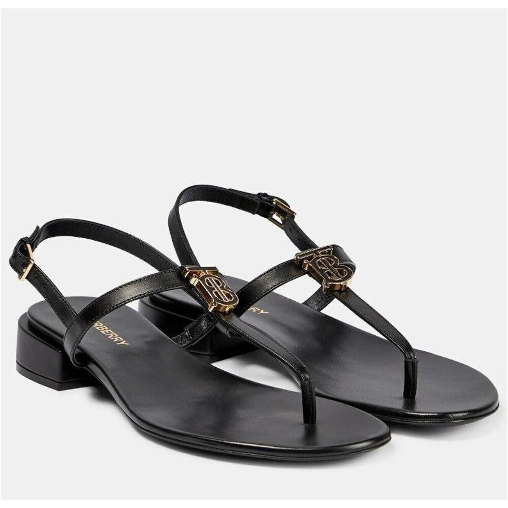 NWT BURBERRY Emily Black 'B' Logo Plaque T-Strap Flat Sandals Size EU35.5 - Picture 2 of 12